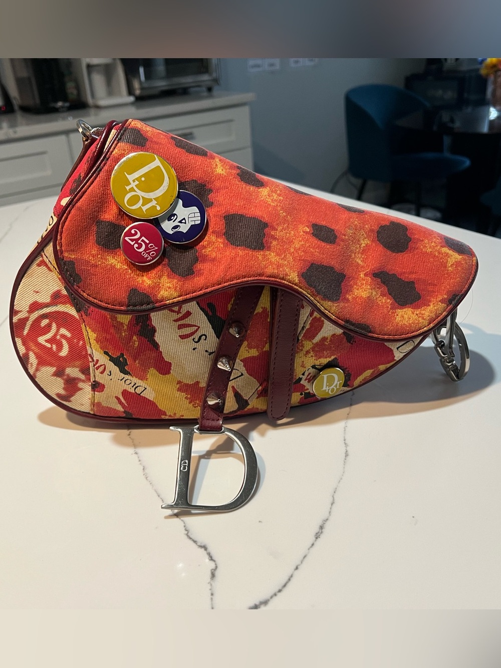 Dior Red Orange Printed Canvas Saddle Bag with Silver D Charm and Pin Accents